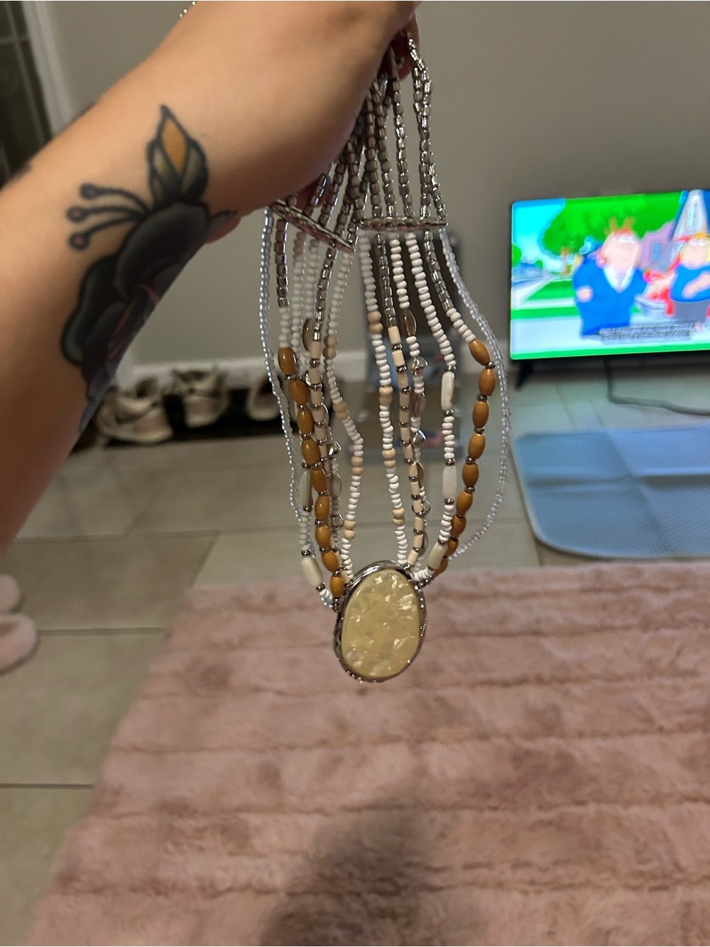 Beaded Multi-Strand Pendant Necklace in Cream and Brown